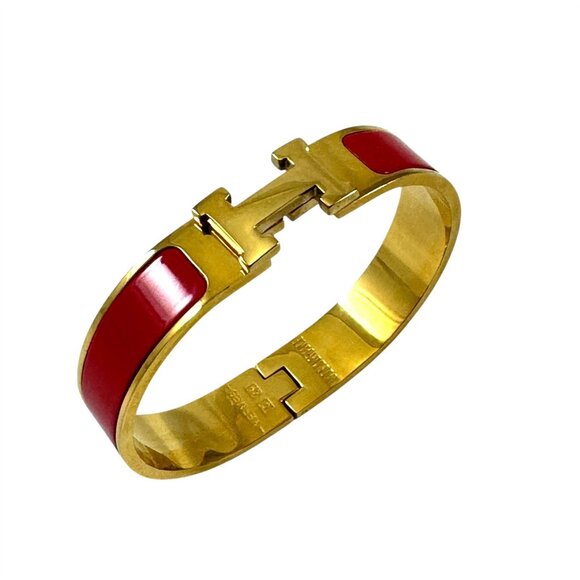 Hermes Clic H Bracelet Gold & Red Enamel Bracelet Rouge Amarante Made in France - Picture 5 of 8